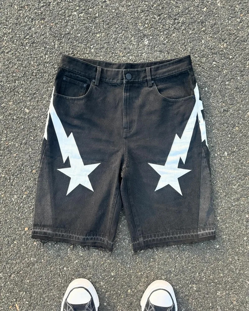 American fashion trend Street style wide-leg Jeans for men Y2k embroidered baggy jeans Goth punk High street casual shorts 250210