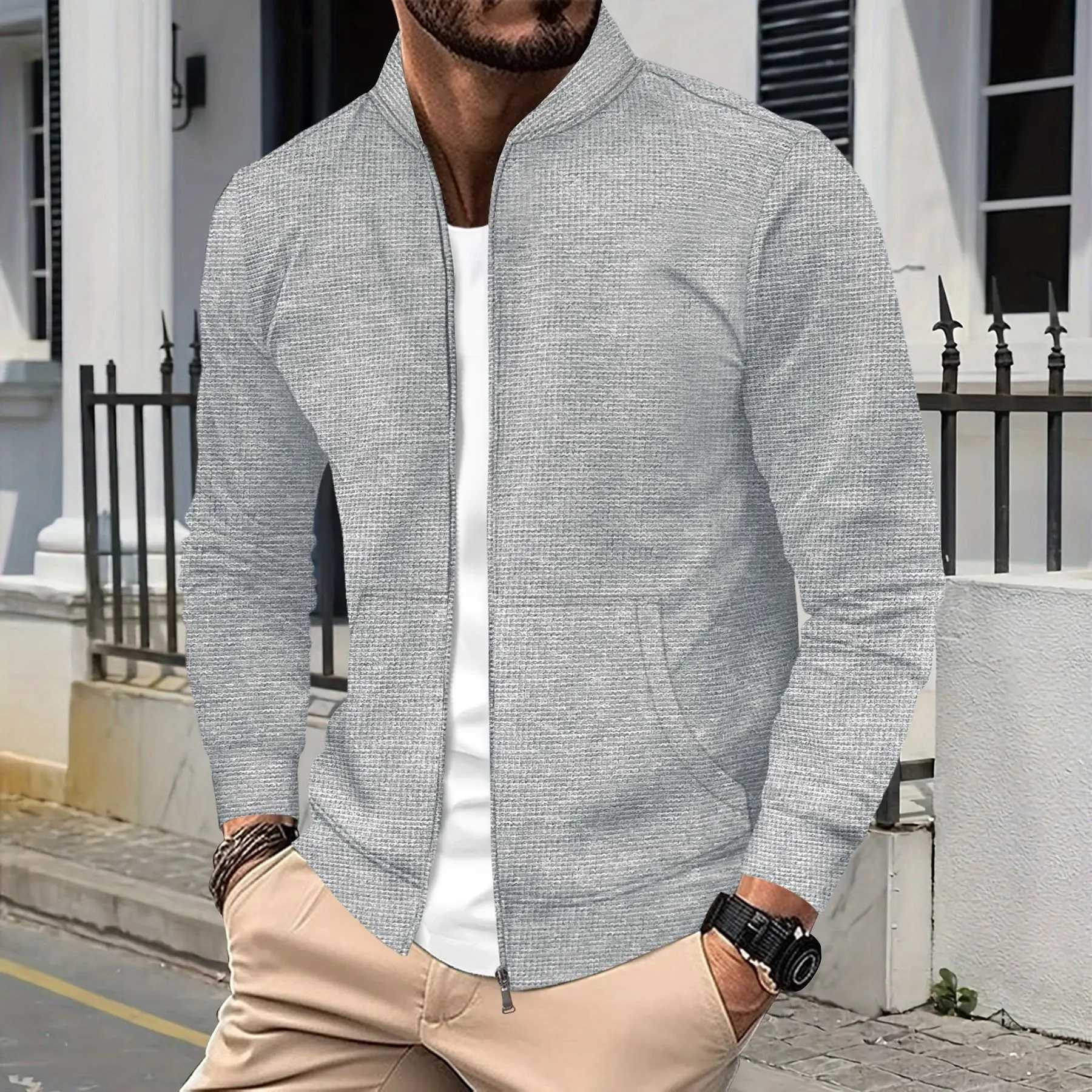 2024 Mens fall/winter new fashion comfort Waffle solid color zipper baseball jacket pocket long sleeve outdoor sports coat X250213