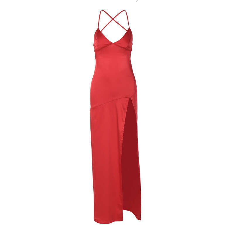 Hot selg women's spring product fashionable and sexy V-neck backless lace up slit dress wholesale 2025 new casual versatile fashion clothing