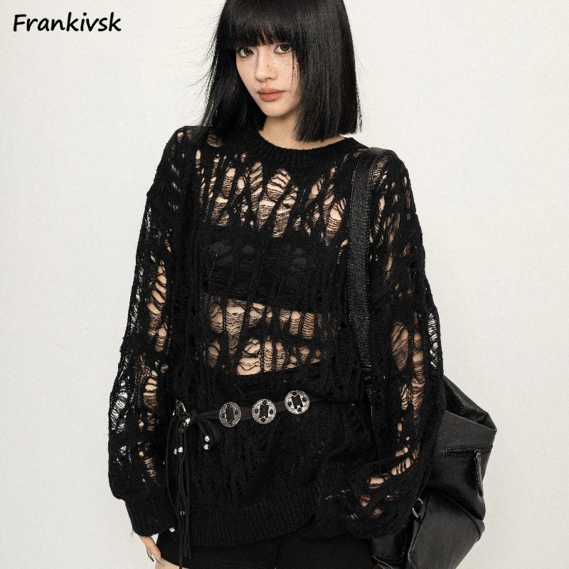 Baggy Hollow Out Sweaters Women Cozy Sun-proof Vintage Slouchy Knitwear Korean Fashion Holiday Versatile Jumper High Street Chic 250210