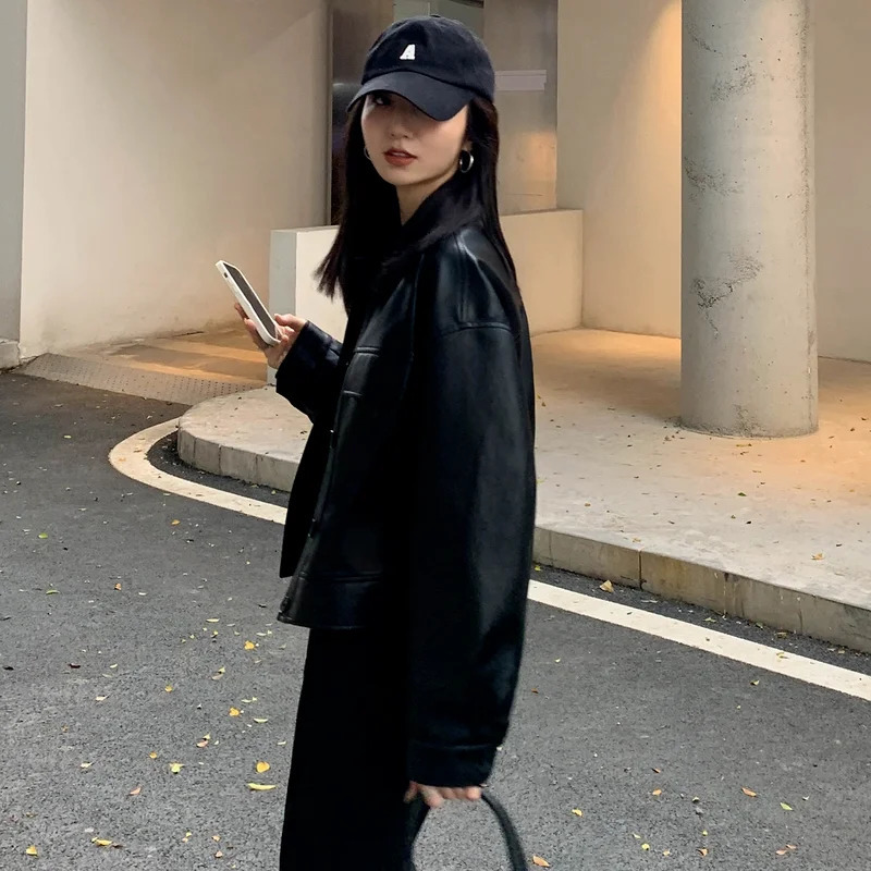 Black Cropped Leather Jacket Women Korean High Street Leather Blazers Women Vintage Streetwear Moto Bike Jacket Autumn 250213