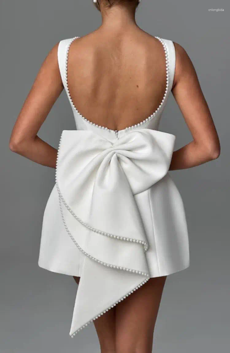 Casual Dresses Elegant Pearl Bow Backless Short Dress Women's Sleeveless Party Cute Mini Black White Pink Chic Birthday Evening Y2K