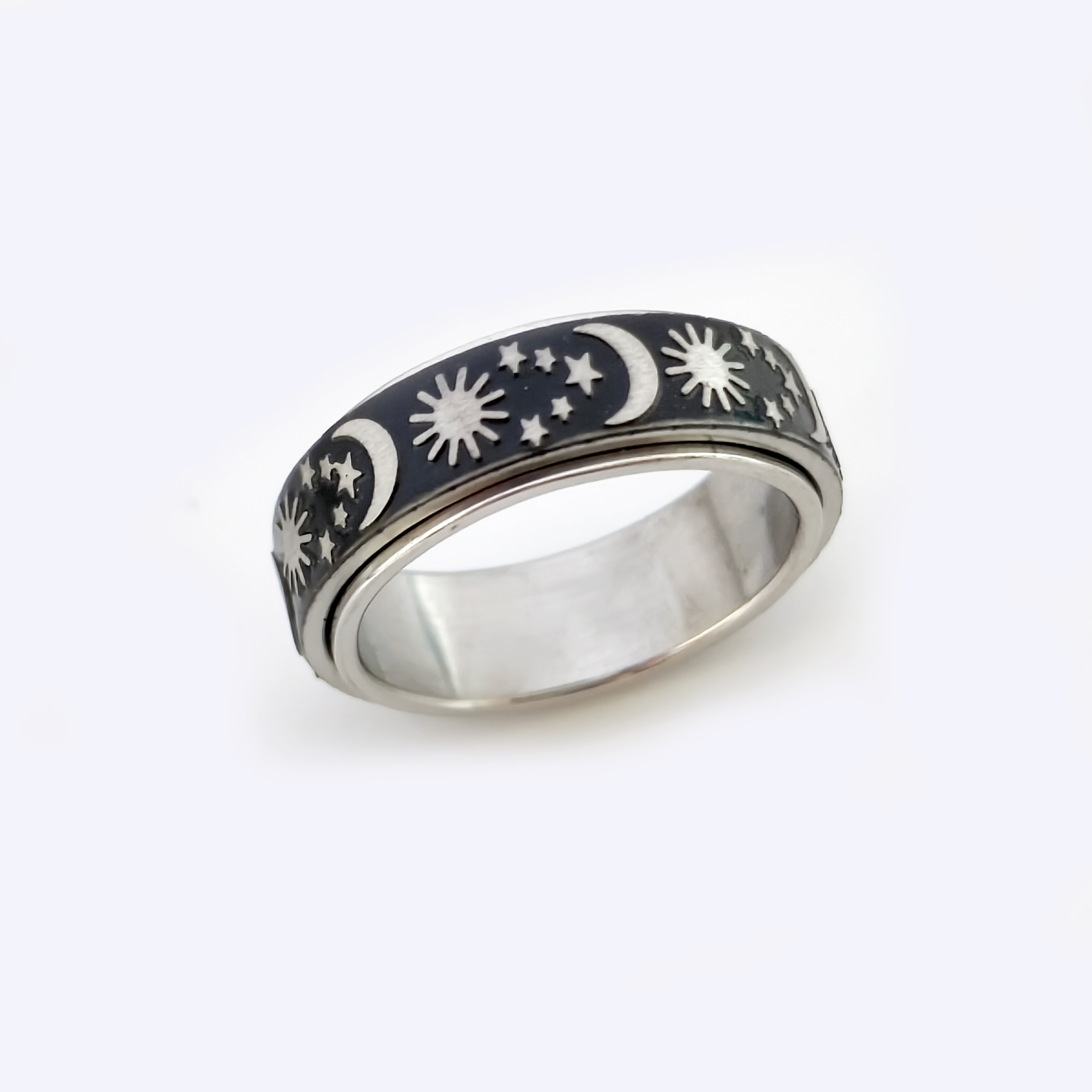 Sun Moon and Stars Spinning Fingertip Gyro Men Women Stainless Steel Spinning Engagement Wedding Ring 8mm