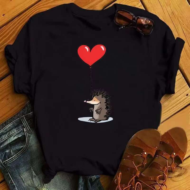 Plus Size Maycaur Cute T-shirt Female Hedgehog Dandelion Print Summer Casual Short Sleeves Tee Tops Kawaii Women Tshirt