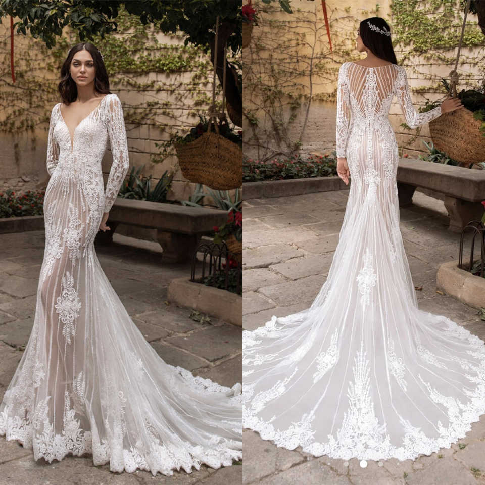 Elegant Plunging Neckline Mermaid Wedding Dresses With Full Sleeve Delicate Sash Appliques Bridal Gowns Sweep Train Backless Vestido de novia