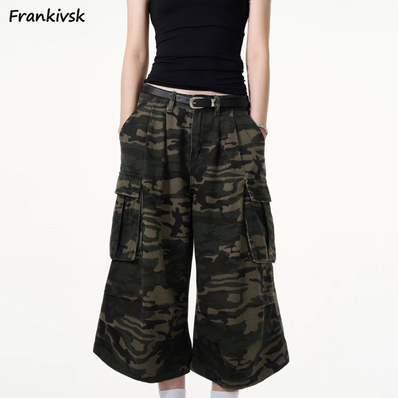 American Camouflage Women Baggy Cargo Shorts Pockets High Street Handsome Fashion Summer Vintage Hip Hop Casual Shopper 250210