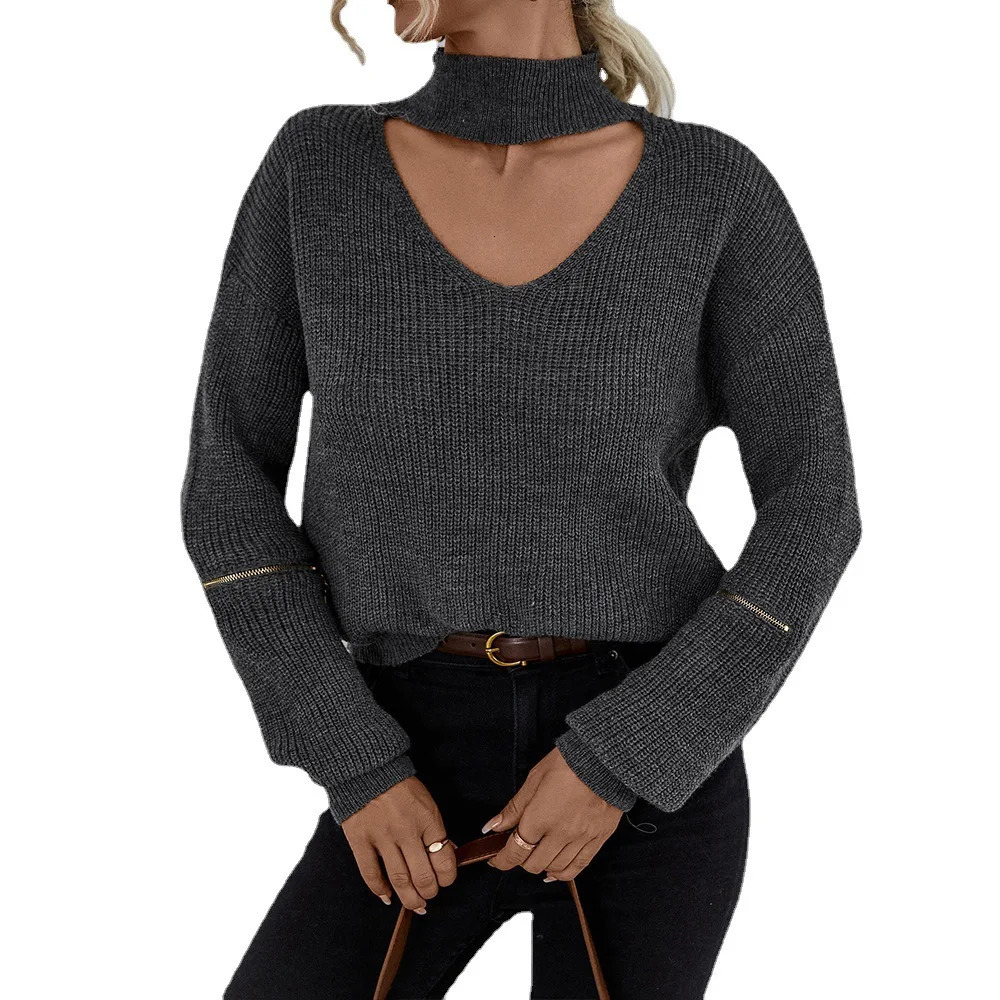 Spring Autumn Womens Knitted Tops Female Loose Casual Sweater Ladys Turtleneck Hollow Out Zipper Pullovers Womens Tops 250210