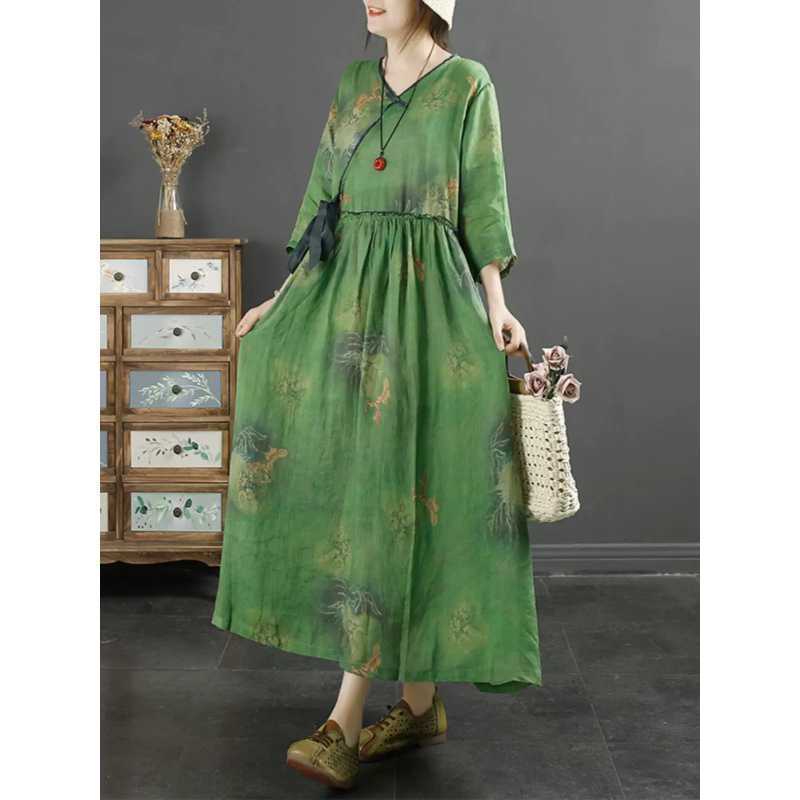 X0219 Spring and summer literary style loose plus size women's print V-neck three-quarter sleeves medium length waist slimming dress