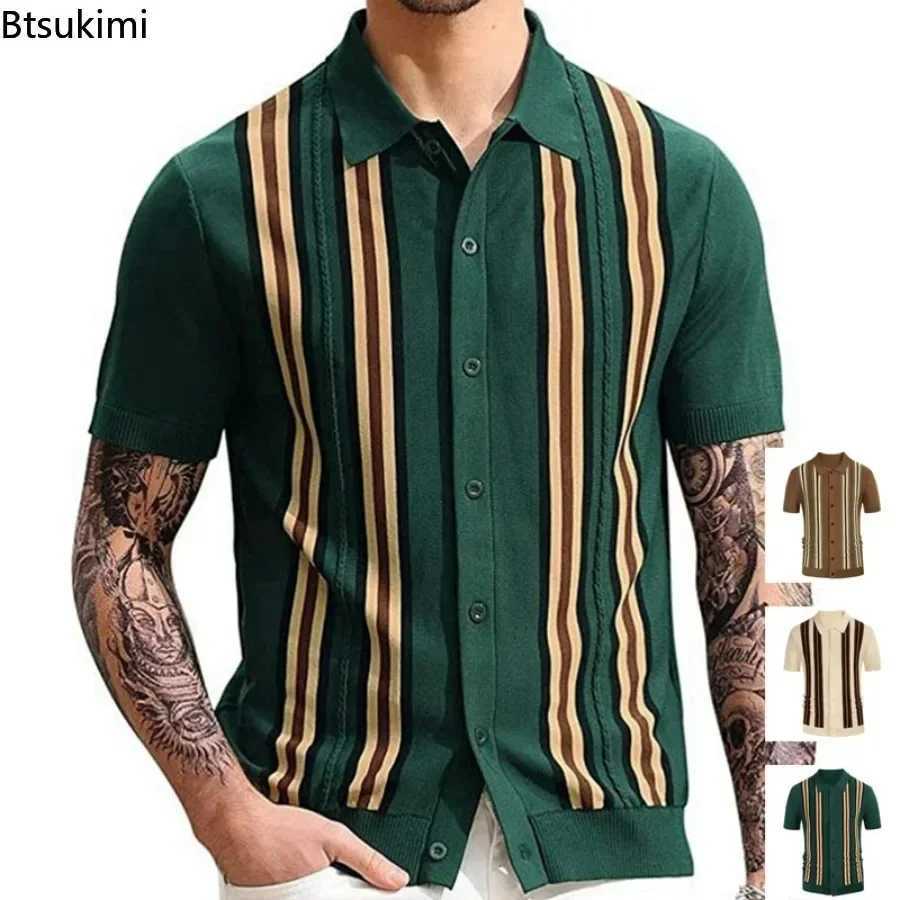 2025 Spring Summer Mens Short Sleeve Polo Shirt Knitted Slim Business Cardigan Shirt Streetwear Casual Tops Mens Shirt X250213