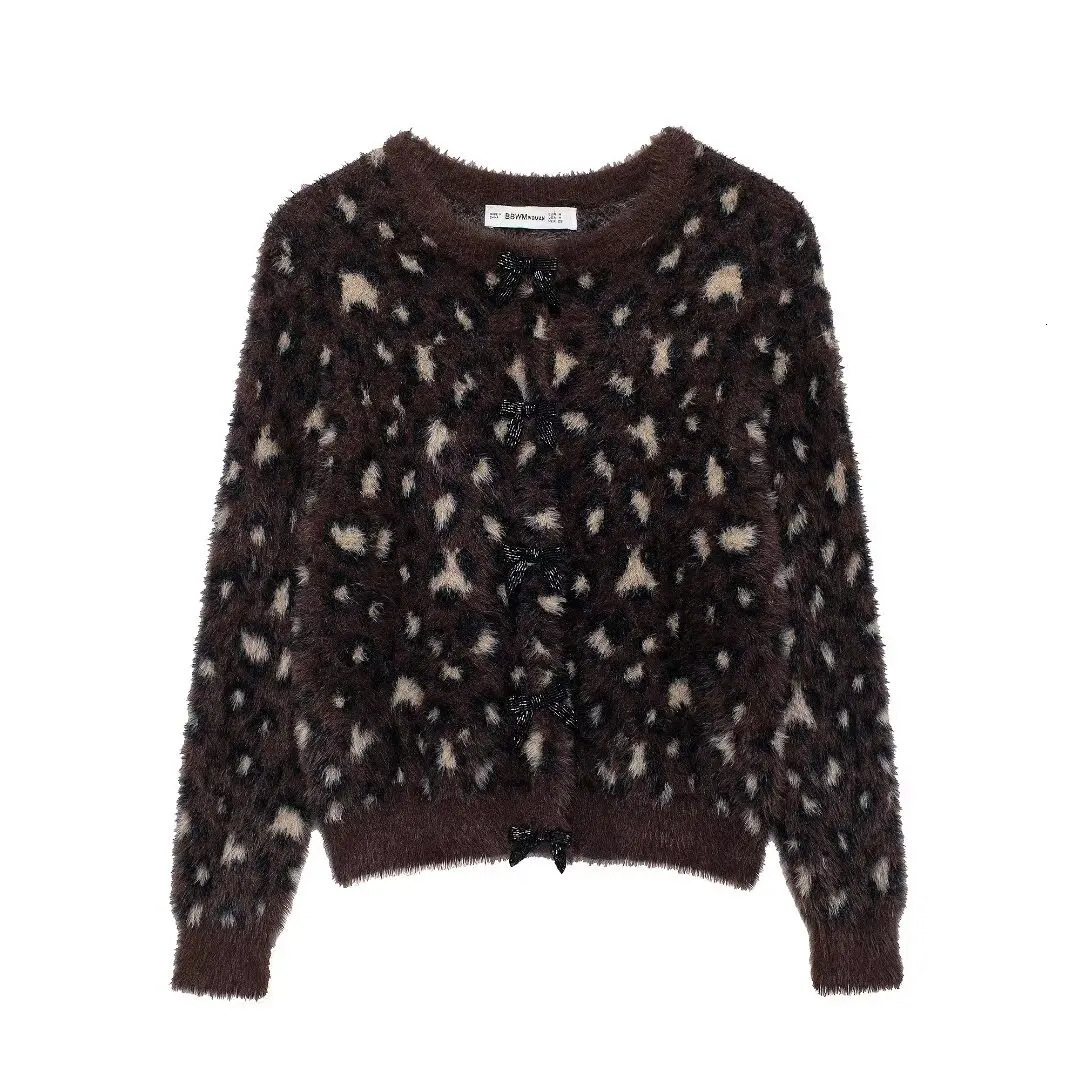 European and American style faux fur effect round neck bow knit cardigan wool sweater for women soft and versatile sweater jacket 250206