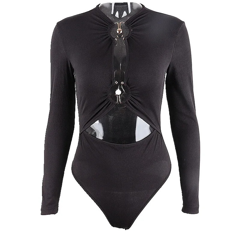 WhereMery Sexy Hollow Out Long Sleeve Bodysuit Metal Ring Connection Fashion Folds Women Bodice Black Bodycon Party Clubwear Top 250211