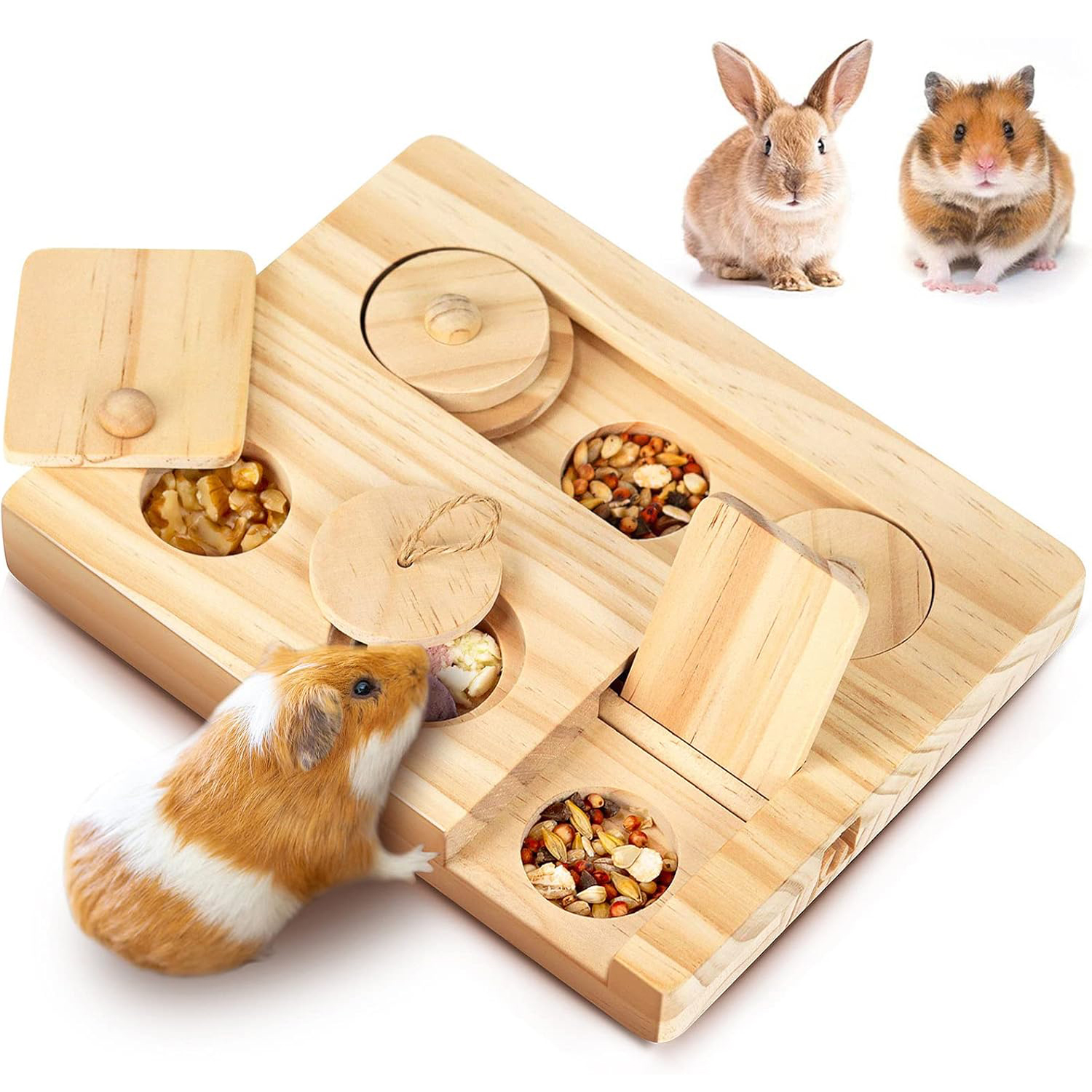 1PC Guinea Pig Foraging Toys, 6 in 1 Hamsters Wooden Interactive Enrichment Toys, Treat Dispenser for Rabbits, Bunny, Chinchillas, Rats and Gerbils