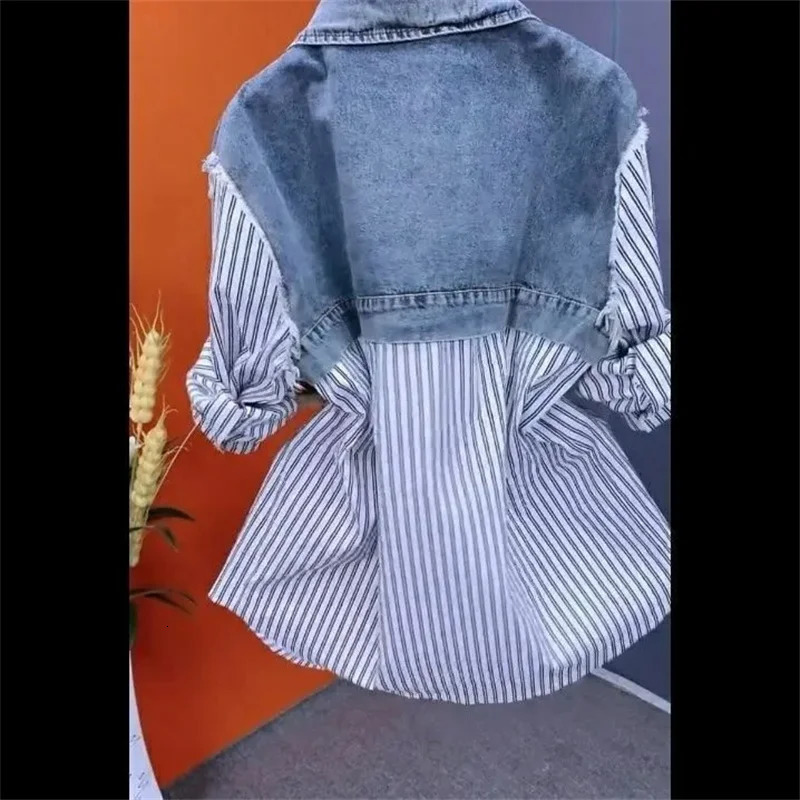 Women Denim Jacket Two Denim Shirts 2025 Spring Summer Autumn Casual Fashion Joker Stitching Striped Tops Coat Female 250213