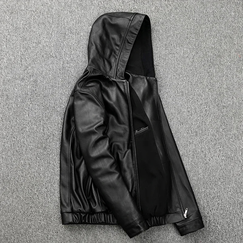 Mens Hooded Leather Jacket 100% Genuine Sheepskin Motorcycle Black Coat Male Hoodies Clothes Spring Hat Leather Jacket Men 250213