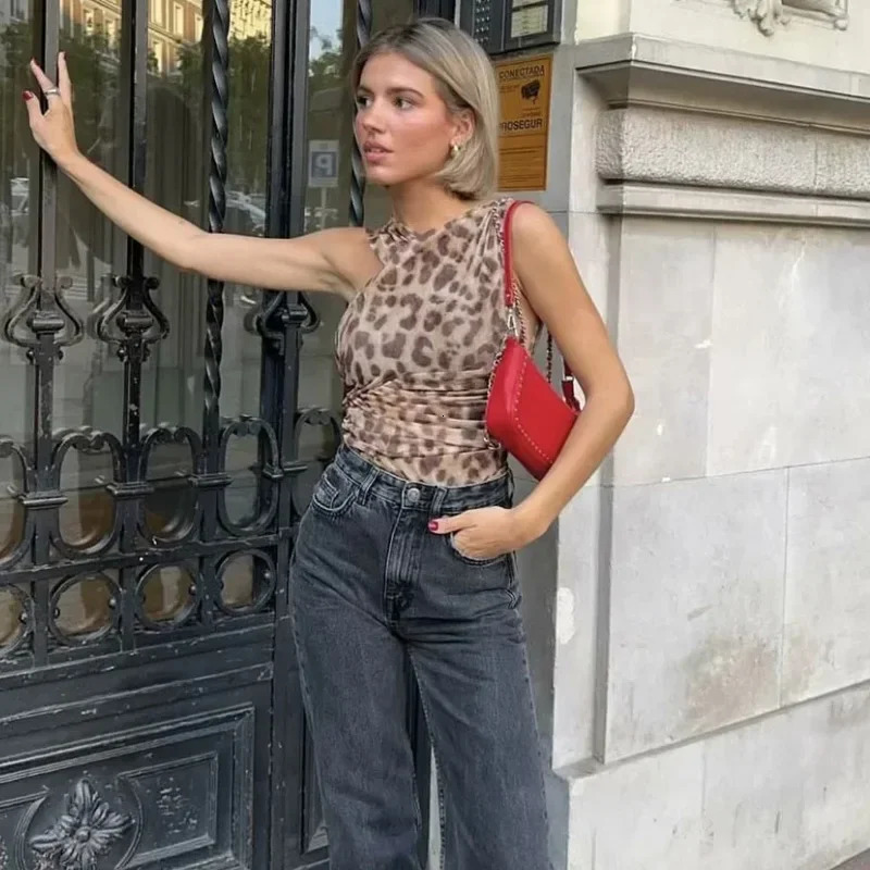 ASDS Woman Body Leopard Tulle Bodysuit Pleated Asymmetric Animal Print For Women Summer Backless Sexy Mesh Black 250211