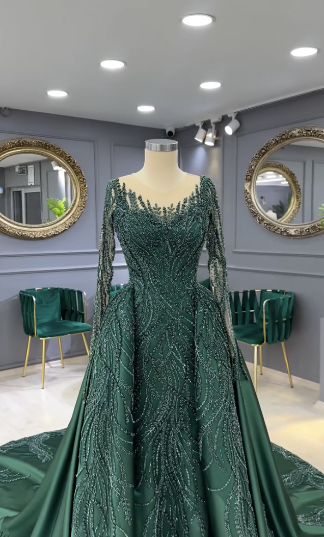 Emerald green beaded Evening Dresses illusion long sleeve gala women satin dresses for special ocns
