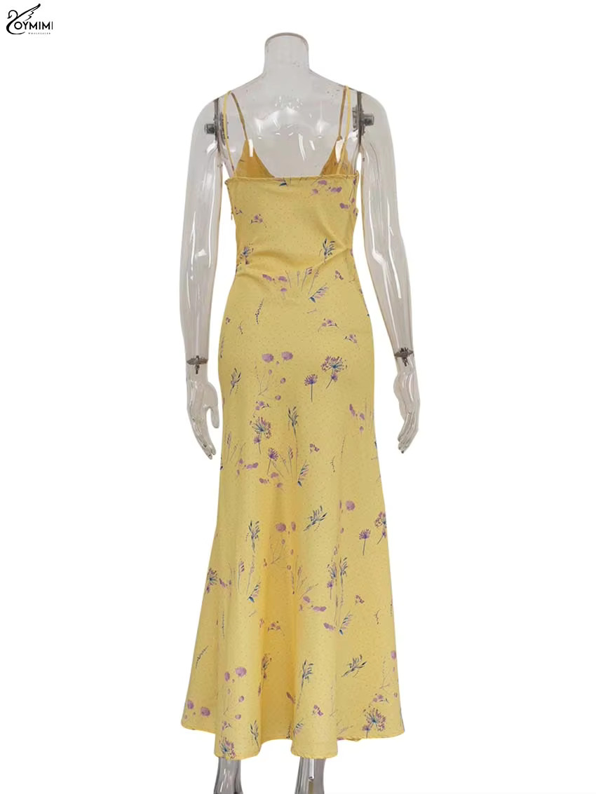Oymimi Casual Yellow Print Women's Elegant Spaghetti Strap Open Back Dresses Autumn Fashion High Waist Ankle-Length Dress