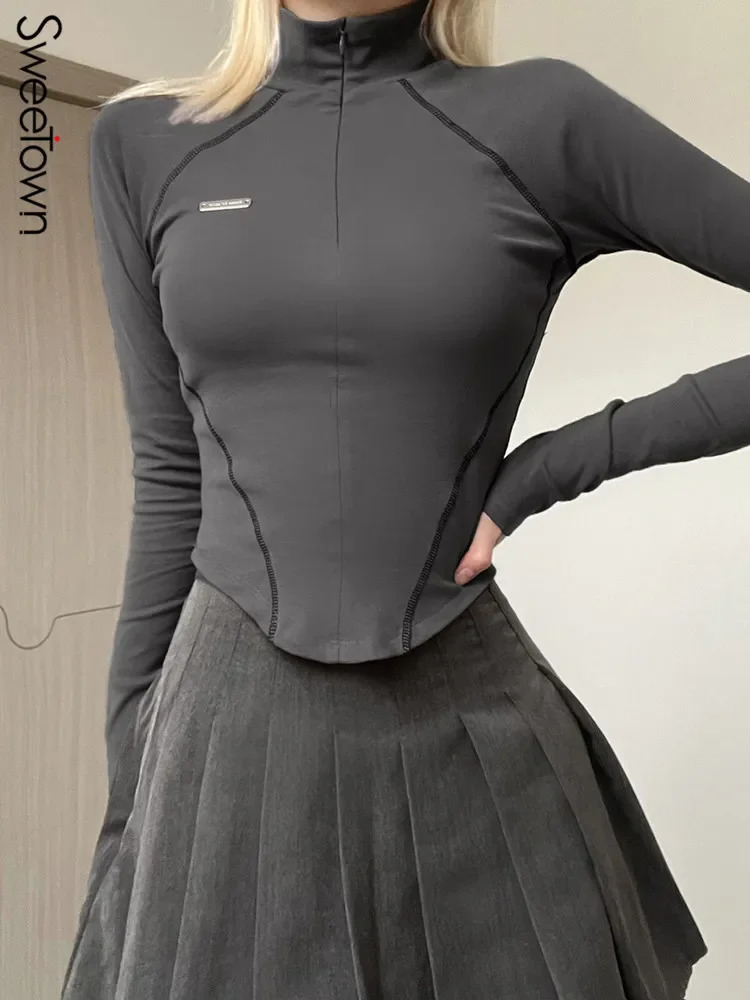 Casual Zip Up Turtleneck Crop Top Stitched Long Sleeve Skinny Tshirts y2k Aesthetic Streetwear Harajuku Women Clothing 250114