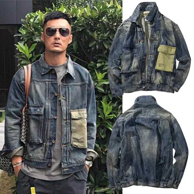American Retro Old Denim Jacket Mens Spring Short Silm Tooling Casual Washed Jacket Patchwork Cargo Straight Jeans Coats Blue X250213