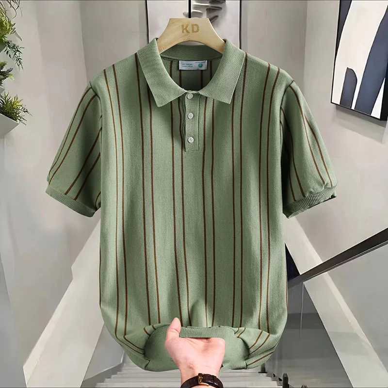 Stretchable Mens Striped POLO Shirt Daily Casual and Breathable Sweat-wicking Knit Short-sleeved T-shirt. X250213