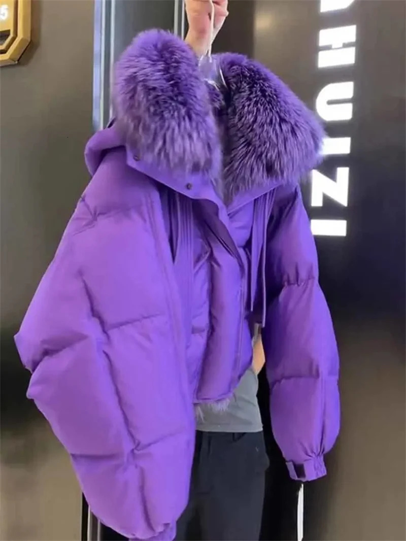 Oversized Purple Short Cotton Jacket Womens Winter With Large Fur Collar High-End Feel Including Bread Jackets Cotton Coat 250210