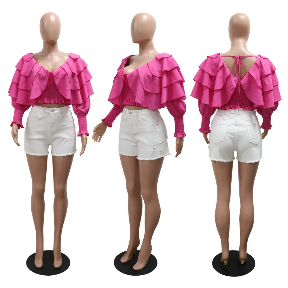 Womens Cascading Petal Sexy Full Sleeve V-neck Streetwear Blouse Tops Autumn Ruffles Elegant Chic Shirts 250208