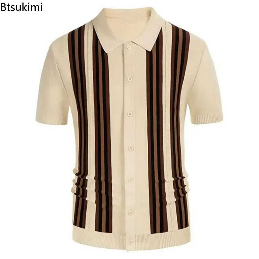 2025 Spring Summer Mens Short Sleeve Polo Shirt Knitted Slim Business Cardigan Shirt Streetwear Casual Tops Mens Shirt X250213