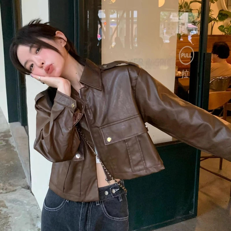 American Vintage Brown Leather Jacket Women Casual Y2k Cropped PU Motorcycle Coats Spring Autumn Harajuku Korea Female Outwear 250213