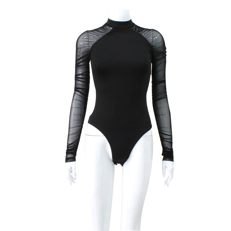 Women's Jumpsuits Autumn Mesh Patchwork Elegant Long Sleeve Bodysuit for Women Sexy Bodycon Body Suits Women's Tops Black One Piece Outfits