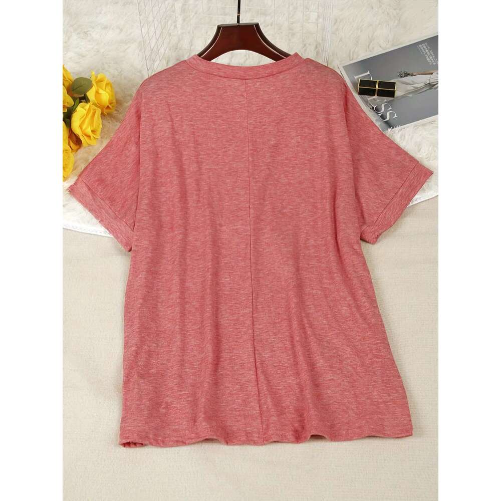 Chic Plus Size Short Sleeve Buttoned V-Neck Casual T-Shirt Lightweight Summer Top For Women