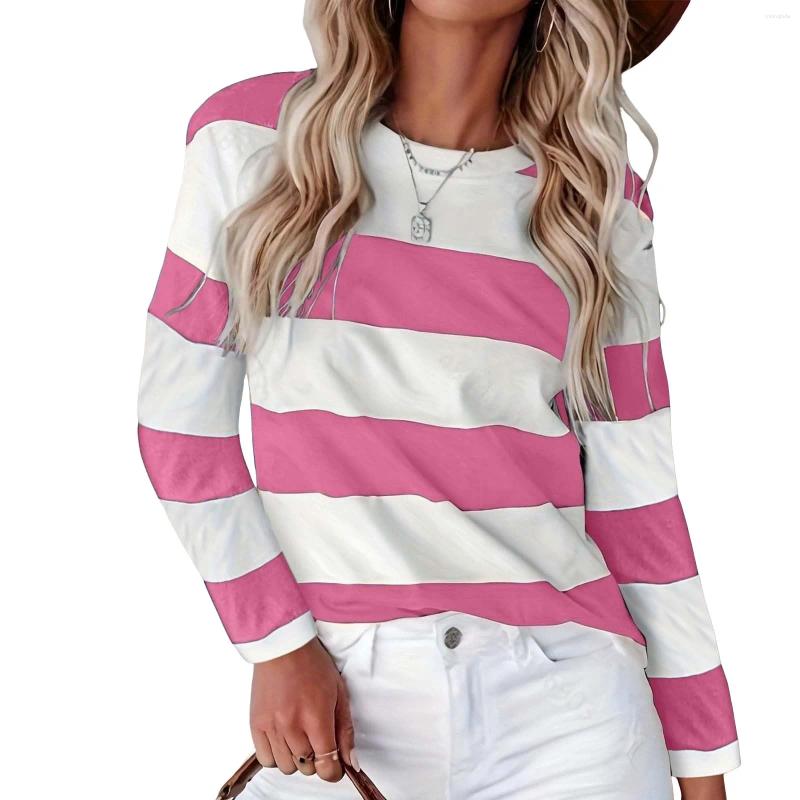 Womens T Shirts Women Striped Print Long Sleeve Blouse Autumn Round Neck Sweatshirt Casual Basic Tops Streetwear Pullover Shirt For