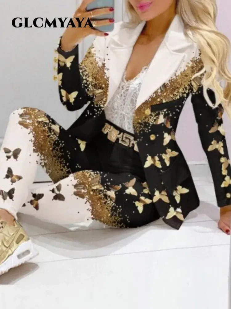 CM.YAYA Elegant Paisley Butterfly Plaid Womens Set Blazer Pants Suit Office Lady Fashion Two 2 Piece Set Fitness Outfits 250206