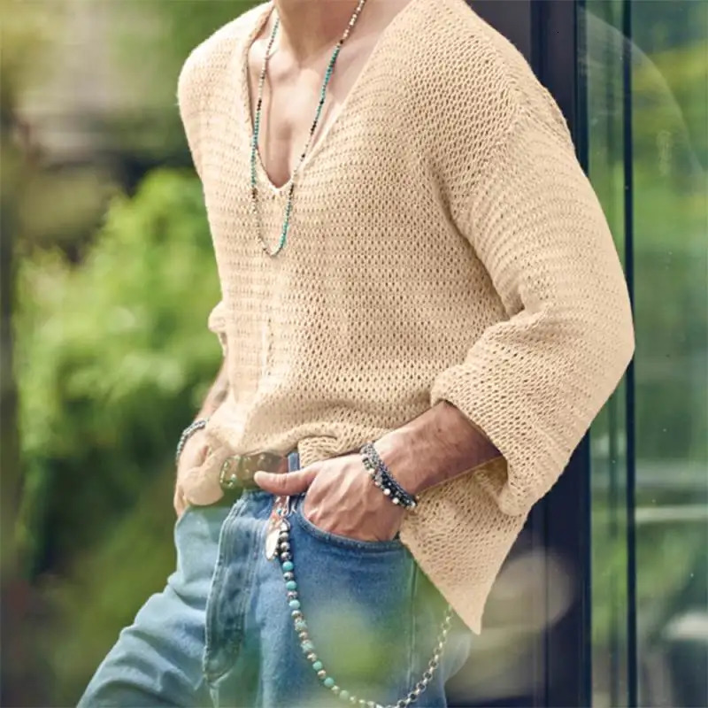 Autumn Mens Clothing Knit T Shirt Solid Color V Neck Long Sleeve Leisure Streetwear Hollow Out Loose Tees S-3XL 250208