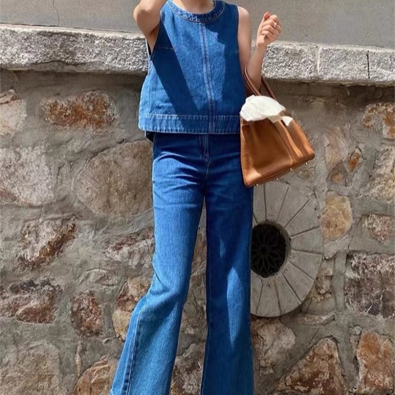 Blue denim vest suit sleeveless top jeans casual womens pants two-piecet 250122