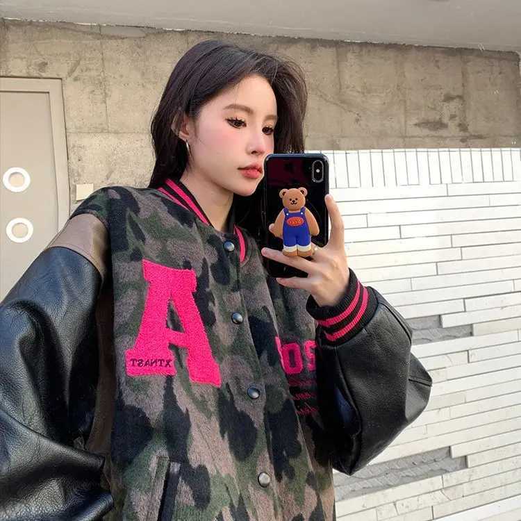 2024 New Camouflage Student Loose American Retro Baseball Jacket Embroidered Letter Design Vintage Baseball Jacket for Girls X250213