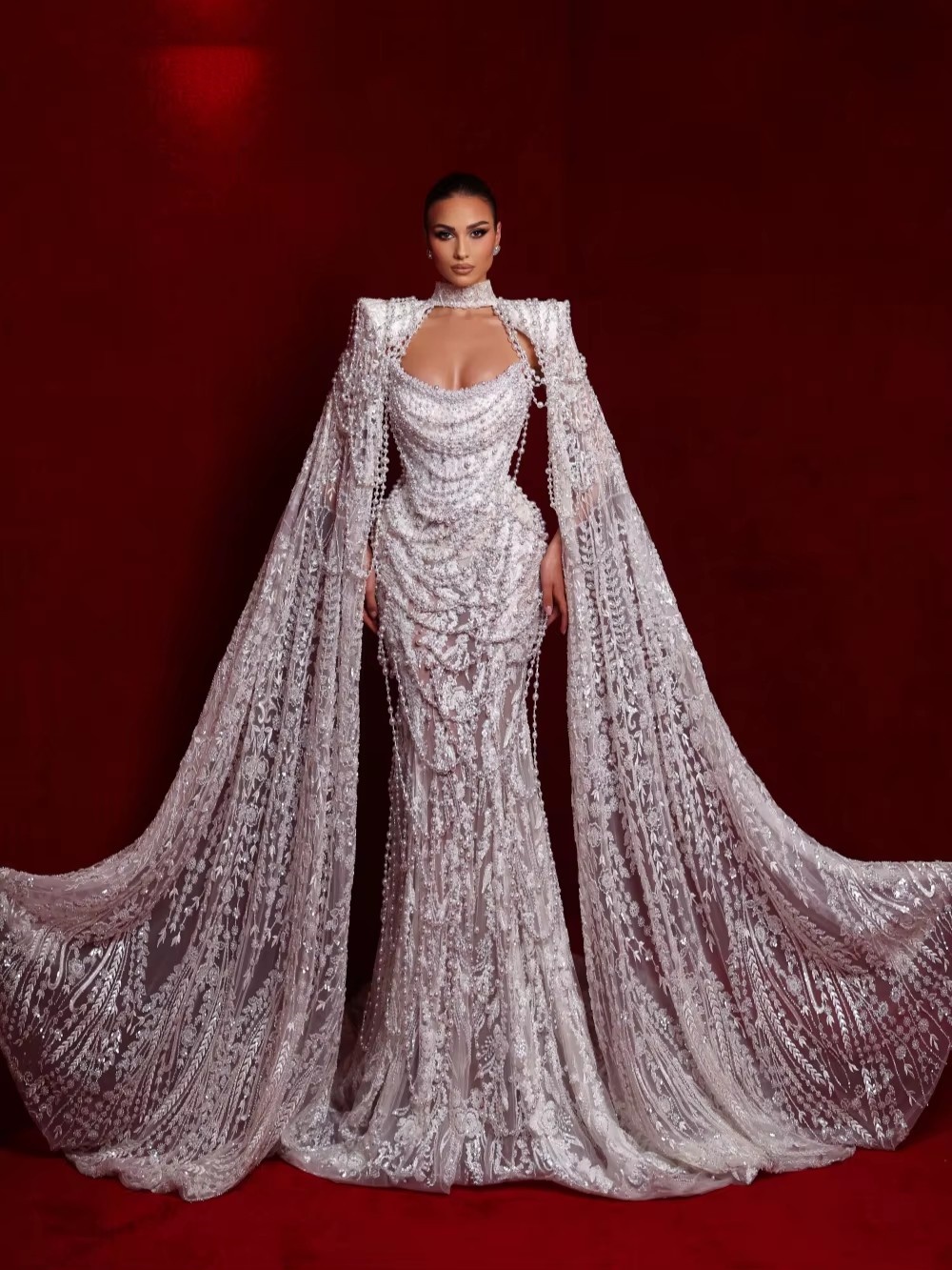 Exquisite Mermaid Wedding Dress High Collar Long Sleeves Bridal Gowns Sequins Pearls Sweep Train Dresses Custom Made vestidos de novia