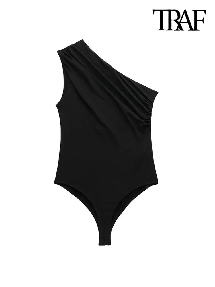 TRAFWomens Ruched Asymmetric Bodysuits One Shoulder Wide Straps SnapButton Female Playsuits Sexy Fashion 250211