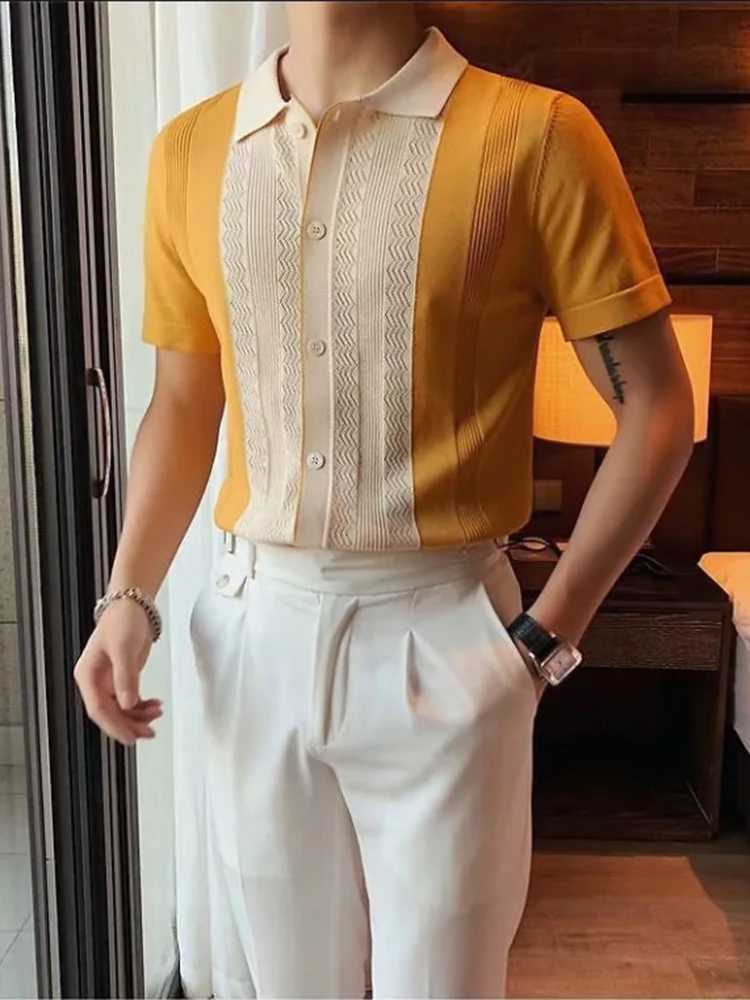 2022 Summer Casual Slim Short Sleeve Polos Mens Shirt Fashion Knitted Striped Patchwork Shirts Men Turndown Collar Buttoned Tops X250213