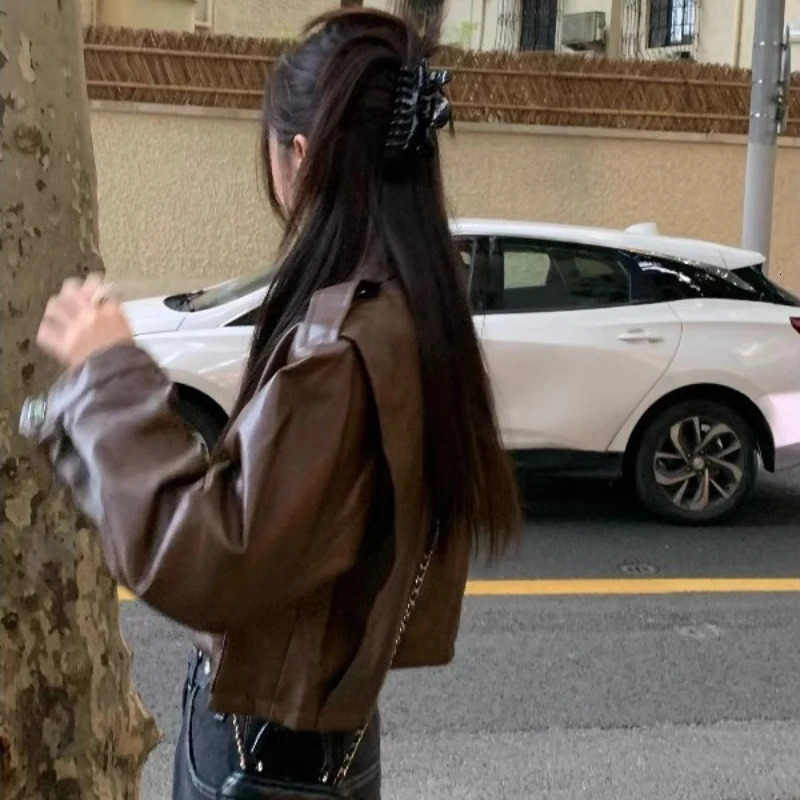 American Vintage Brown Leather Jacket Women Casual Y2k Cropped PU Motorcycle Coats Spring Autumn Harajuku Korea Female Outwear 250213