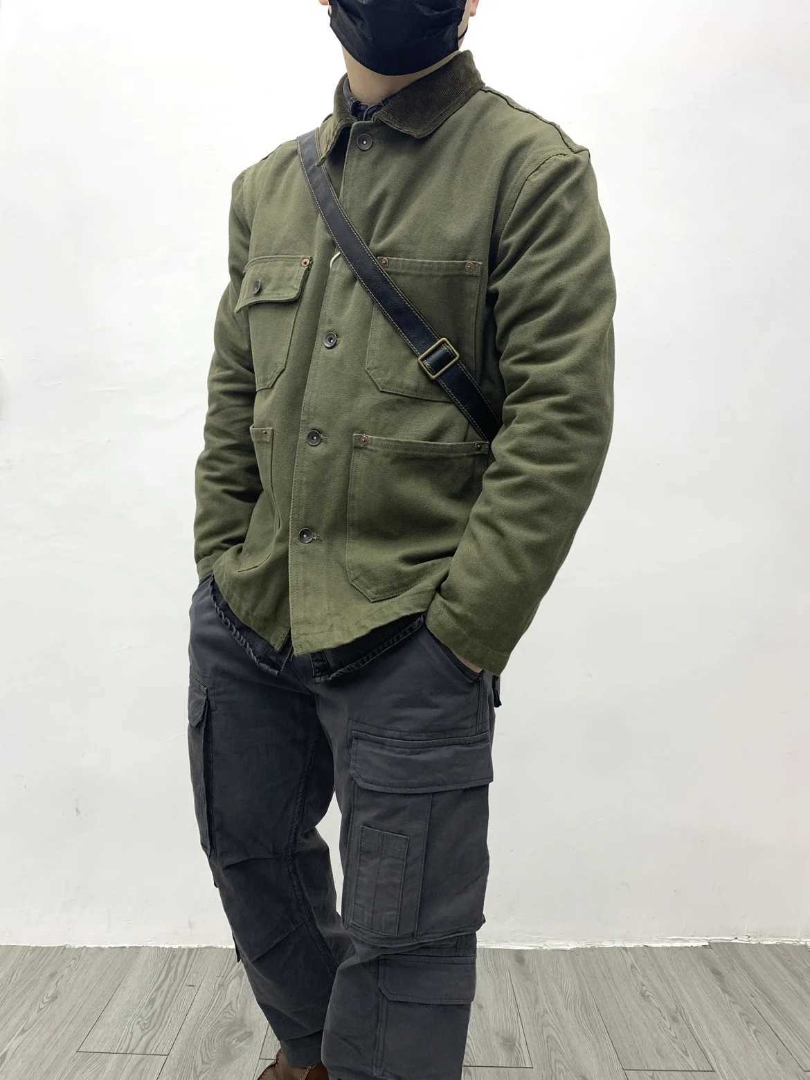 American retro heavyweight Michigan canvas jacket mens multiple pockets vintage American corduroy lapel workwear jacket outwear X250213