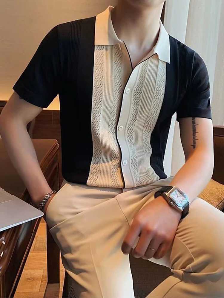 2022 Summer Casual Slim Short Sleeve Polos Mens Shirt Fashion Knitted Striped Patchwork Shirts Men Turndown Collar Buttoned Tops X250213