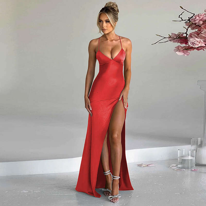Hot selg women's spring product fashionable and sexy V-neck backless lace up slit dress wholesale 2025 new casual versatile fashion clothing