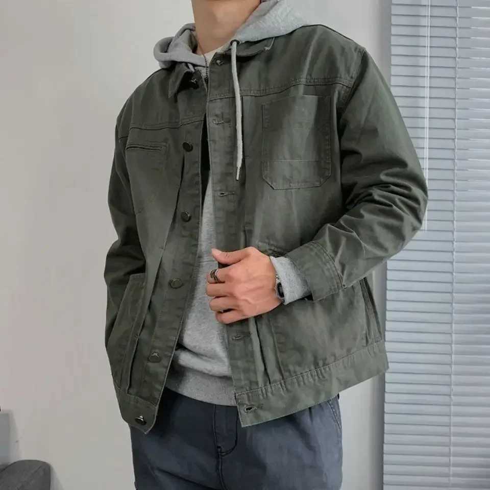 Warm apron autumn khaki denim jacket mens goods black button apron jeans jacket mens wool denim loose retro G X250213