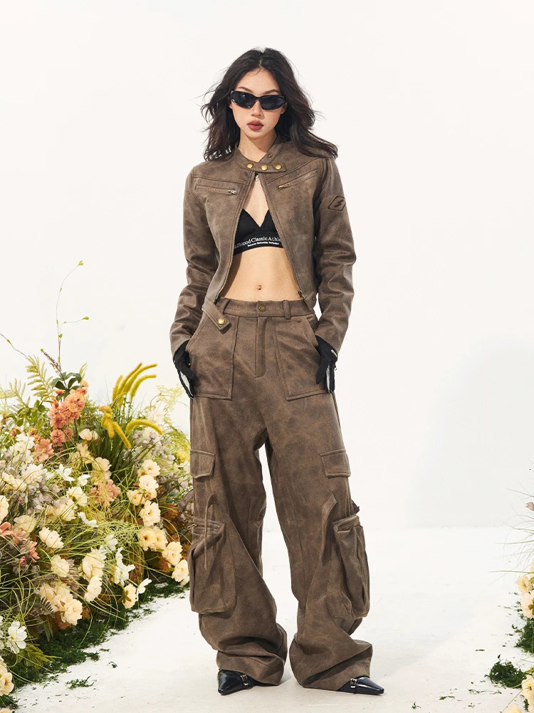 Solid Jackets Womens week Motorcycle Rider Spring and Autumn Retro American Style Ultra Thin Crop Fashion High end Young Street 250208