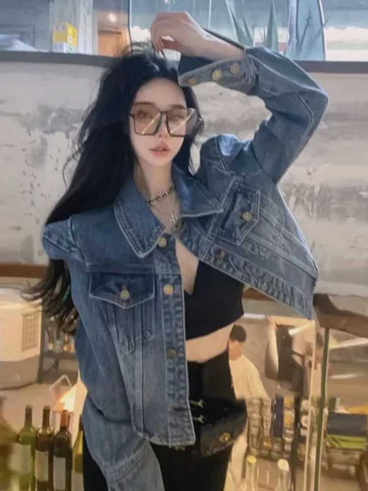 American Vintage Cropped Jackets Women Denim Chic Design Hip Hop Streetwear Young Slim Outwear Long Sleeve New Spring Popular X250213