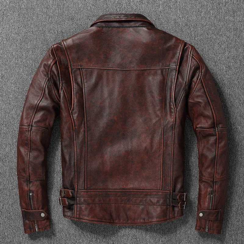 Top layer Cow Oversized Leather Jacket Red-Brown American retro Motorcycle Style Color Distressed High Sense Coat X250213