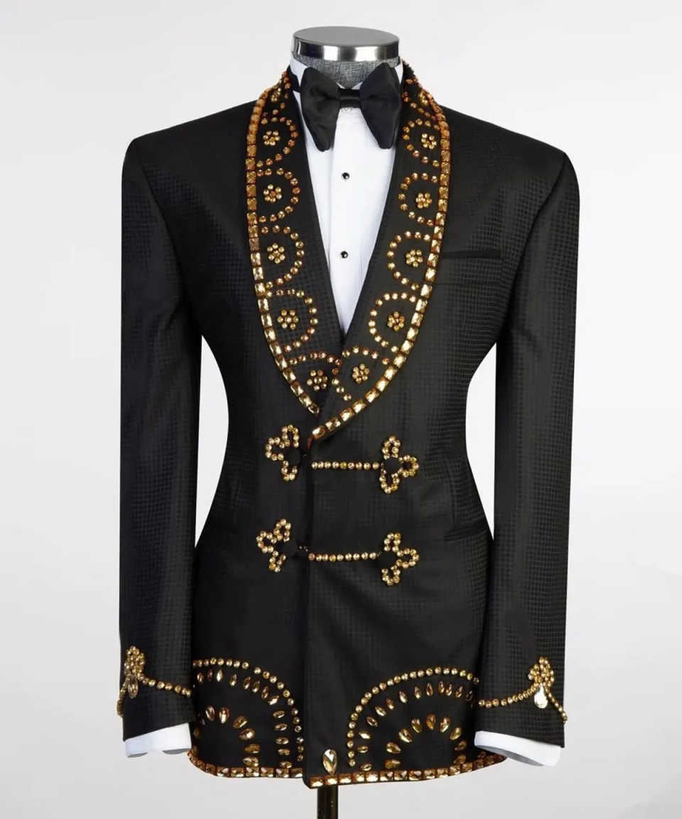 Handsome Wedding Tuxedos Rhinestone Beaded Double Breasted Men Suit Shawl Lapel 1 Piece Set Jacket Groom Blazers Customized