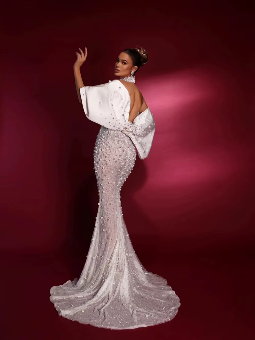 Mermaid Wedding Dress High Collar Short Sleeves Bridal Gowns Sequins Beaded Backless Sweep Train Dresses Custom Made vestidos de novia
