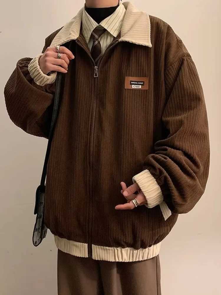 Mens Jackets Contrast Color Vintage Hong Kong Style Loose Leisure All-match Cozy Lapel Teens Streetwear Youthful Warm Classic X250213