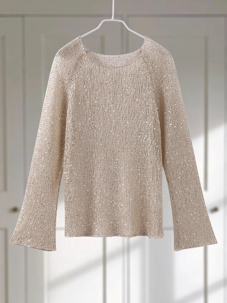Sequins Hollow Out Pullovers Women Loose O-neck Long Sleeve Knit Sweaters Female Spring Shinny Chic Evening Shirts Lady 250210